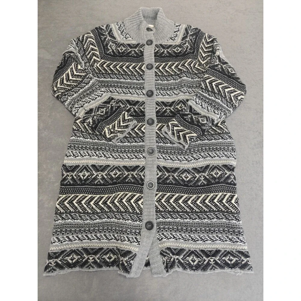 St Johns Bay Womens M Long Cardigan Sweater Fair Isle Nordic Button Front
